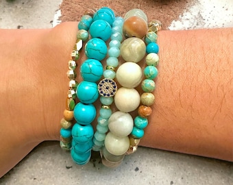 Island Blue Turquoise Howlite Amazonite Crystal Bracelet Set, Blue Evil Eye Bracelet Stack for Women, Gemstone, Dainty Gold Bead Bracelet