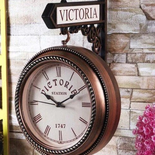 Antique Wall Mounted Station Clock Double Sided Round Hanging Etsy