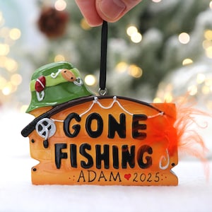 Personalized Gone Fishing Ornament – Custom Name & Year – Fisherman/Angler Christmas Gift, Hand-Lettered 2025 Tree Decor for Dad or Grandpa