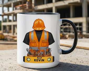 Personalized Construction Worker Mug – Custom Name & Company Logo, Hard Hat Vest Design | Carpenter Electrician Plumber Gift, 11oz/15oz