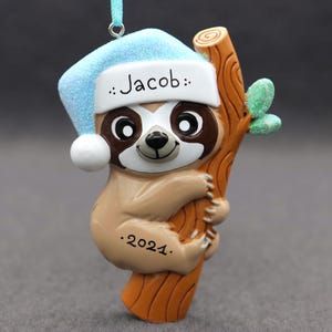 Personalized Baby&#39;s First Christmas Ornament: Blue Sloth Tree Decoration