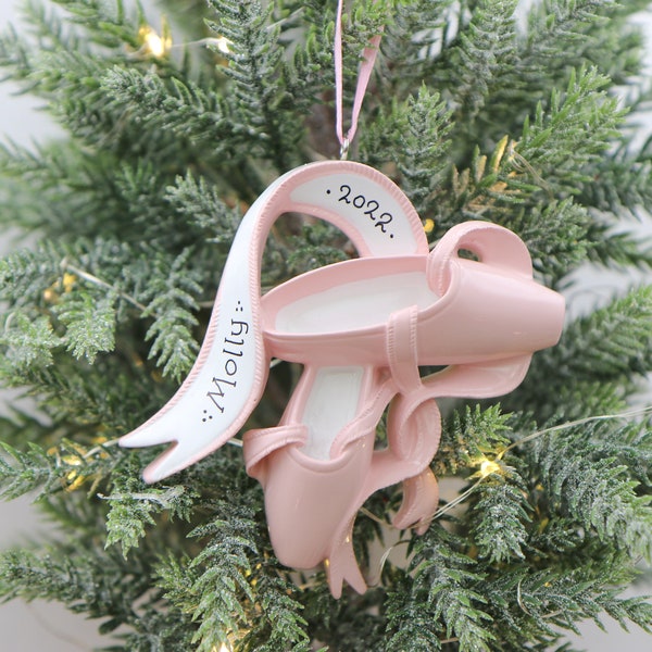 Personalized Child Pink Ballet Shoes Christmas Tree Ornament, Ballerina Dancer Pointe Slippers Ribbon Turn, Ballet Shoes Dancer Ornament