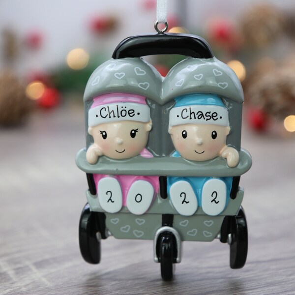 Girl and Boy Twins in a Stroller Personalized Christmas Ornament , Baby Twins Ornament, Two Babies Ornament, Baby's First