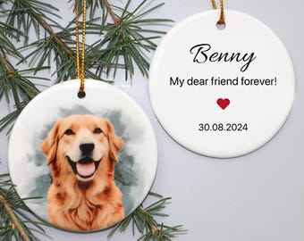 May include: White ceramic ornament featuring a watercolour painting of a golden retriever dog. The ornament includes a red heart and the text "Benny My dear friend forever! 30.08.2024"