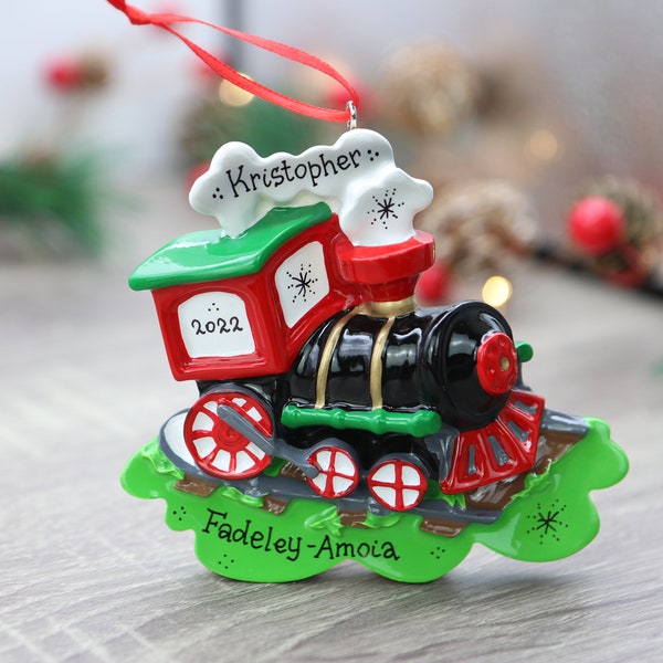 Choo Choo Train Personalized Christmas Toy Ornament, Personalized Choo Train Ornament, Traditional Red Black Claus Story Car on Green Track