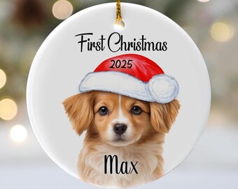 Puppy’s First Christmas Ornament – Personalized Dog Name and Year, Santa Hat, Custom Puppy Ornament, Ceramic Keepsake