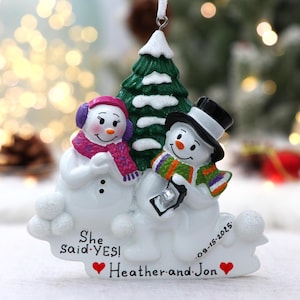She Said Yes Ornament – Personalized Snowman Couple with Ring – Custom Names and Engagement Date – First Christmas Engaged