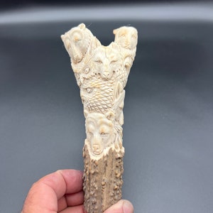 Carved Moose Antler Knife Handle, Walking Stick Top, Bear, Eagle, Owl, Wolf