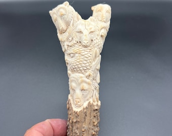 Carved Moose Antler Knife Handle, Walking Stick Top, Bear, Eagle, Owl, Wolf