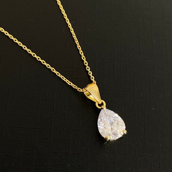 Sterling Silver Necklace with Pendant Pear Shape Pendant Necklace Gold Necklace Pear Pendant CZ Pendant Rose Gold Necklace Gift for her