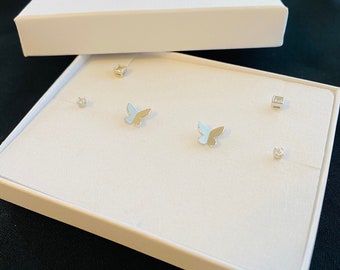 Gift Set Sterling Silver Earring Set Gold Earrings CZ Stud Earring Butterfly Earring Prong Stud Bezel Stud Earrings Set Gift for her