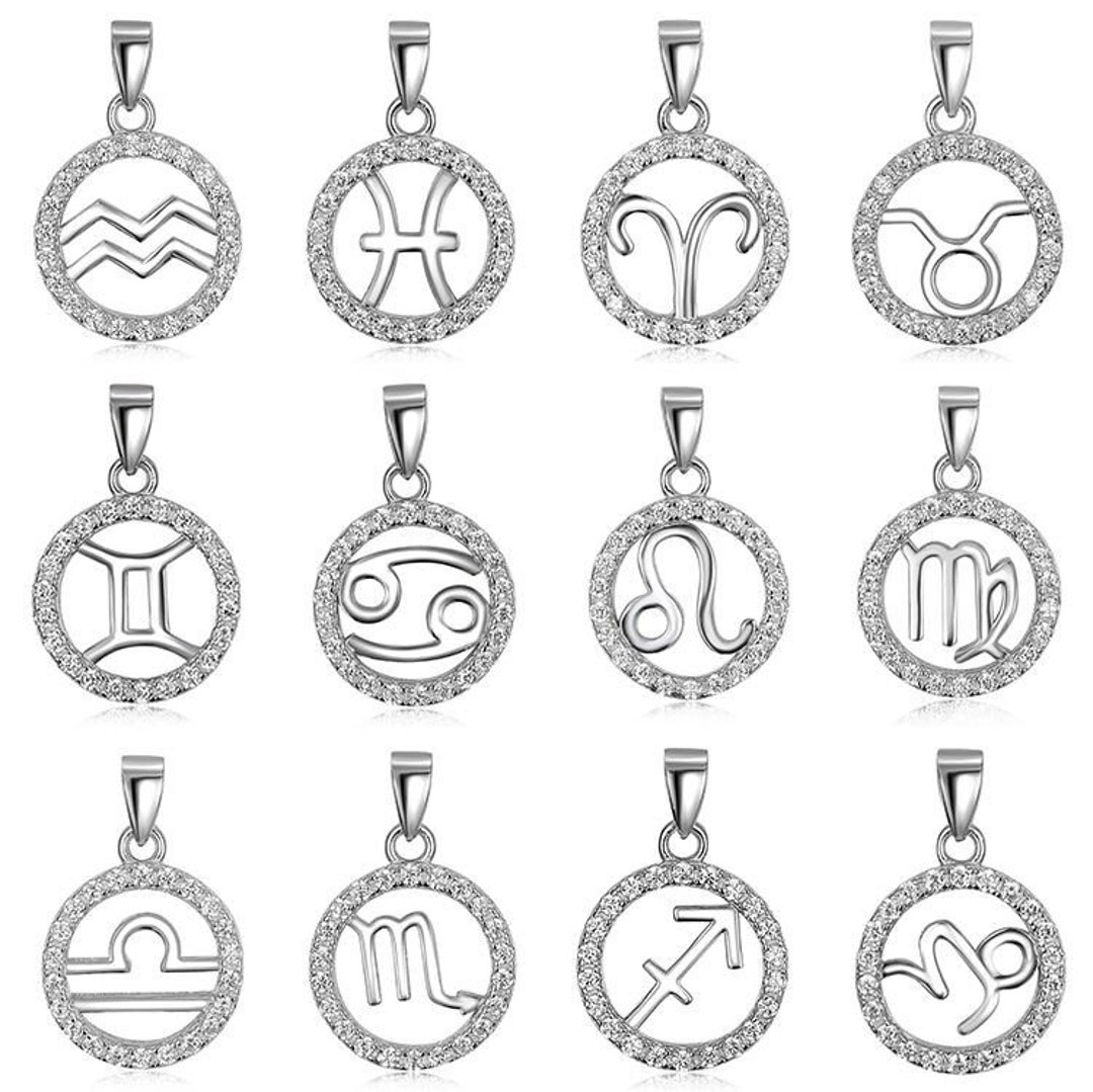 Silver Zodiac Pendant Necklace Astrology Jewelry Capricorn Aquarius Pisces Aries Taurus Gemini