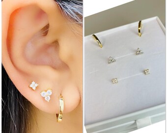 Gift Set Sterling Silver Earring Set Hoops dainty stud 3 stone earring flower earring Gold Earrings Gold Stud Silver Stud Gift for her.