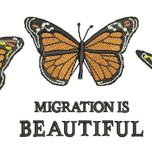 May include: Three orange and black butterflies with yellow accents are arranged in a row. The butterflies are flying in different directions. The text "Migration is Beautiful" is written below the butterflies.
