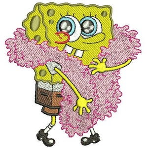 May include: A yellow cartoon sponge character wearing a pink fluffy boa. The sponge has a big smile and large blue eyes.