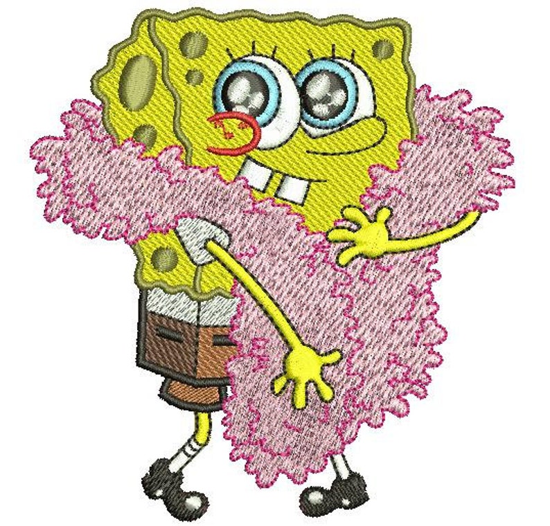 May include: A yellow cartoon sponge character wearing a pink fluffy boa. The sponge has a big smile and large blue eyes.