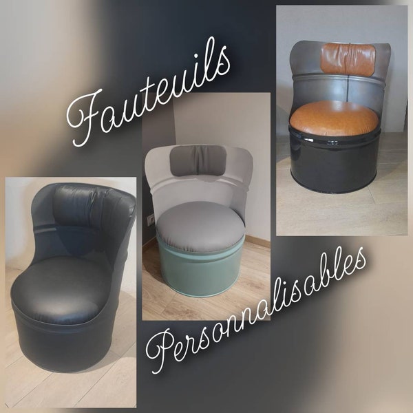 Fauteuil en tonneau baril huile recyclé et simili cuir