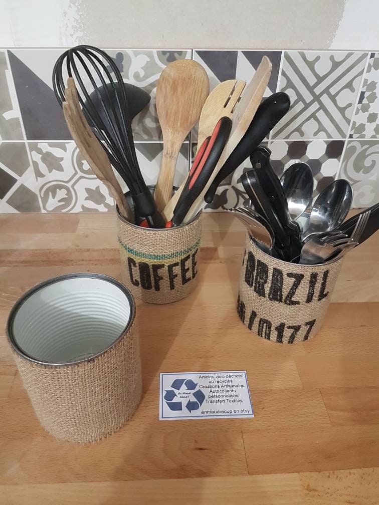 Pot à Couvert et Ustensiles de Cuisine en Métal Toile Café Upcycling