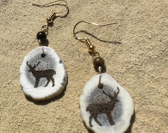 Deer print tiger eye  antler earrings