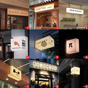 Puede incluir: Nueve letreros de escaparate diferentes con varios estilos y diseños. Los letreros están iluminados con luz blanca y presentan texto como "Kaffee House", "EGRET'TEA", "P&M Bakery", "Fried Chicken", "COFFEE", "π coffee", "RE-ENTRY", "Micro" y un gráfico de una mano.