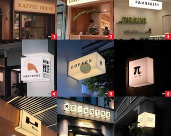 May include: Nine different shopfront signs with various styles and designs. The signs are illuminated with white light and feature text such as "Kaffee House", "EGRET'TEA", "P&M Bakery", "Fried Chicken", "COFFEE", "π coffee", "RE-ENTRY", "Micro", and a graphic of a hand.