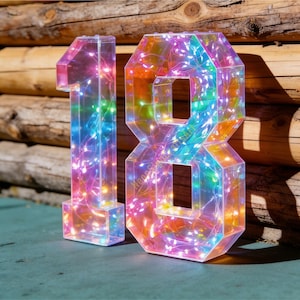 Könnte beinhalten: Eine transparente, geometrische Zahl 18, die mit bunten Lichterketten beleuchtet wird. Die Zahlen bestehen aus einem transparenten Material, durch das die regenbogenfarbenen Lichter scheinen. Der Hintergrund ist eine rustikale Holzwand.