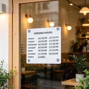 May include: A white rectangular sign with rounded corners attached to a glass door, displaying the text OPENING HOURS followed by a list of days from Monday to Sunday with specific times, including 10:30 AM to 12:00 PM and Sunday marked as CLOSED.