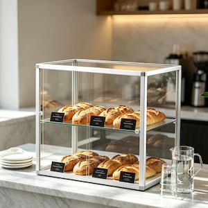 Op de afbeelding: Een glazen vitrine met meerdere broden. Het brood heeft een goudbruine korst. De vitrine heeft twee planken en een zilveren frame. Kleine zwarte bordjes identificeren het brood.