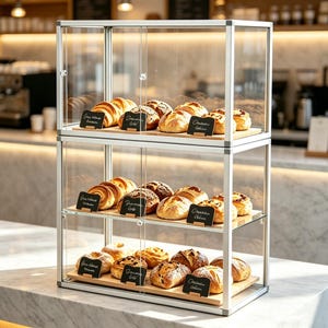 Op de afbeelding: Een displaykast met drie niveaus, glazen deuren en een zilveren frame. De planken bevatten diverse bakwaren, waaronder croissants en broden, elk voorzien van een klein schoolbordje. De displaykast staat op een marmeren aanrecht.