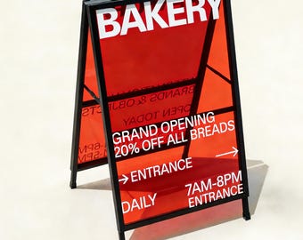 Puede incluir: Un letrero en forma de caballete para una panadería con marco negro y paneles rojos translúcidos. El letrero dice "BAKERY" en blanco, junto con "GRAND OPENING 20% OFF ALL BREADS" y "ENTRANCE" con una flecha. Abierto diariamente de 7 a 20 horas.