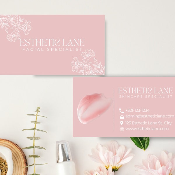 Esthetician Pastel Pink Botanical Business Card Template | Pink Skincare Specialist Business Card | Editable Business Card Template Floral