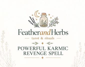 May include: A graphic design featuring a central illustration of a corked glass jar filled with herbs, flanked by lavender and leafy sprigs under a crescent moon. The text reads Feather and Herbs tarot & rituals and POWERFUL KARMIC REVENGE SPELL.