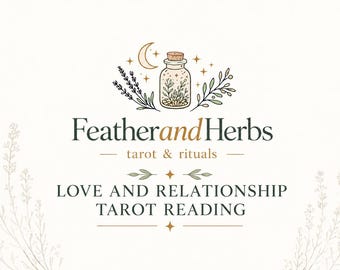 May include: A graphic design featuring a corked glass bottle filled with herbs, a crescent moon, and stars. The text reads Feather and Herbs, tarot & rituals, and LOVE AND RELATIONSHIP TAROT READING, with botanical illustrations on the sides.