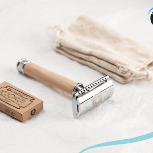 Razor Olive Wood & Metal incl. 10 razor blades & bags sustainable wet shaver for women & men Zero Waste & plastic-free image 1