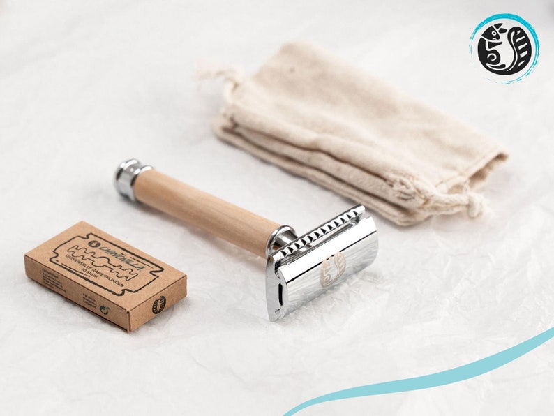 Razor Olive Wood & Metal incl. 10 razor blades & bags sustainable wet shaver for women & men Zero Waste & plastic-free image 1