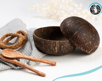 2er Set Kokosnuss Schalen + Holzlöffel + Halterung | Natürliche Schalen aus Kokosnuss | Coconut Bowls