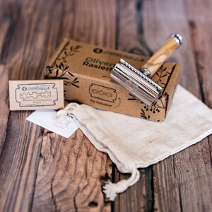 Razor Olive Wood & Metal incl. 10 razor blades & bags sustainable wet shaver for women & men Zero Waste & plastic-free image 8