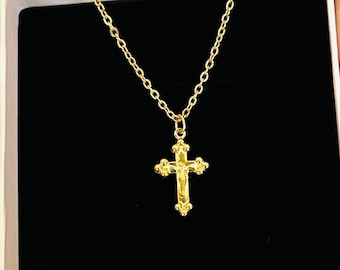 Gold Plated Jesus Cross Necklace, Tarnish Free Cross Pendant Necklace, Crucifix Chain Necklace, Religious Jewellery, Gift for Her