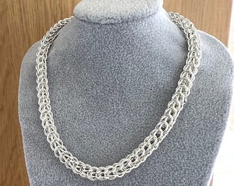 Sterling Silver Persian Chainmaille Necklace: Chunky Hand Woven Link