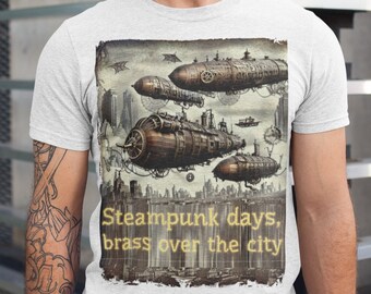Brass Airship Cityscape Tee with Vintage Steampunk Flair