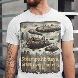 Brass Airship Cityscape Tee with Vintage Steampunk Flair