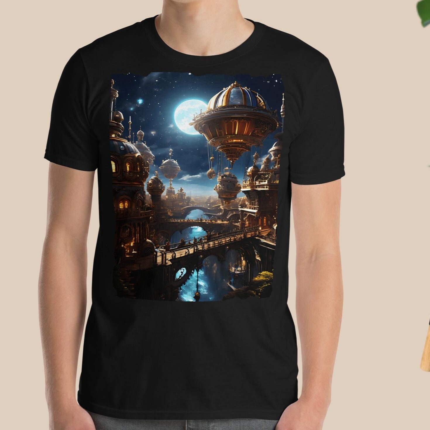 Celestial Clockwork Tee: Cosmic Steampunk Design Apparel