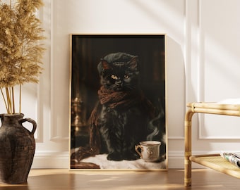 Vintage Black Cat Print, Dark Academia Moody Art, Gothic Witchy Decor (Digital Download)