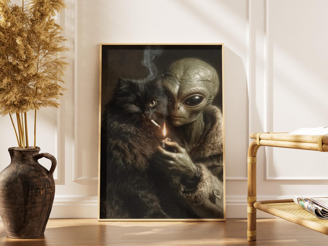Funny Black Cat Art Print: Alien Design, Dark Academia Style - Etsy