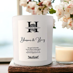 Blossoms & Honey // 8 oz Soy Candle // Clean Burning // Nectarine, Peach, Plum, Blackcurrant, Vetiver, and Acacia Honey // Matte White Jar