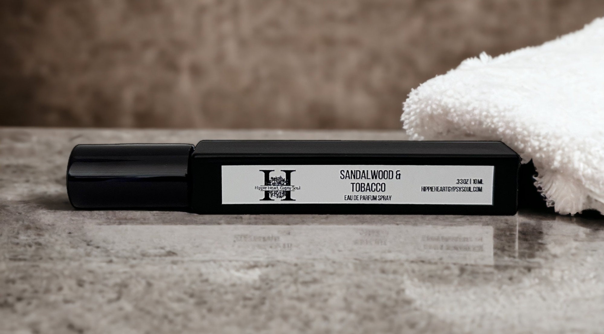 Sandalwood Tobacco Perfume: Saffron Tonka, Matte Black Travel Spray
