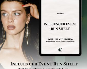 May include: A digital tablet displays an "Influencer Event Run Sheet" with the text "Small Brand Edition." The image features a woman with long earrings and the text "Built for small brands creating big buzz."