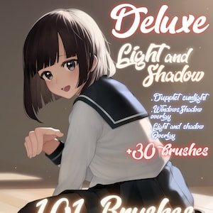 May include: A digital illustration of a young woman with short black hair wearing a white and blue sailor uniform. The image is a promotional graphic for a set of 101 Procreate brushes, including 30 brushes for light and shadow effects. The text "Deluxe Light and Shadow" is written in a stylized font.