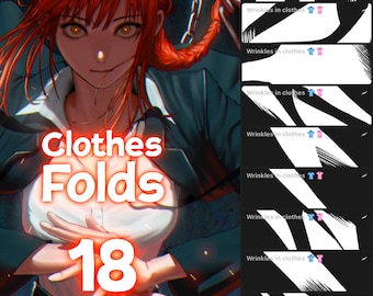 Könnte beinhalten: Eine digitale Illustration einer Frau mit roten Haaren, die ein weißes Hemd und eine schwarze Hose trägt. Der Text "Clothes Folds 18" befindet sich in der Mitte des Bildes. Der Hintergrund ist dunkelblau mit einer Kette und einem verschwommenen Bild einer Stadt.