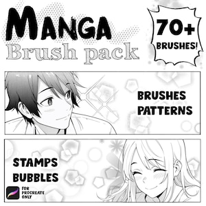 Könnte beinhalten: Schwarz-Weiß-Illustration im Manga-Stil, die ein Pinselpaket bewirbt. Der Text lautet "Manga Brush pack" und "70+ Brushes!" mit zusätzlichem Text für "Brushes Patterns" und "Stamps Bubbles". Das Procreate-Logo ist ebenfalls sichtbar.